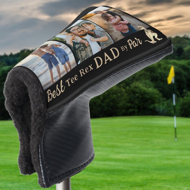 Best Tee Rex Dad By Par 3 Photo Collage Golf Head Cover (Best tee Rex dad by par funny golfing dad joke personalized kids photo collage names gold head cover)