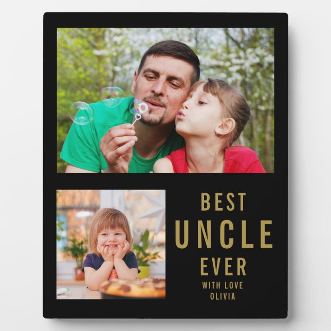    Best Uncle Ever 2 Photo Collage Black And Gold  Plaque (Front)