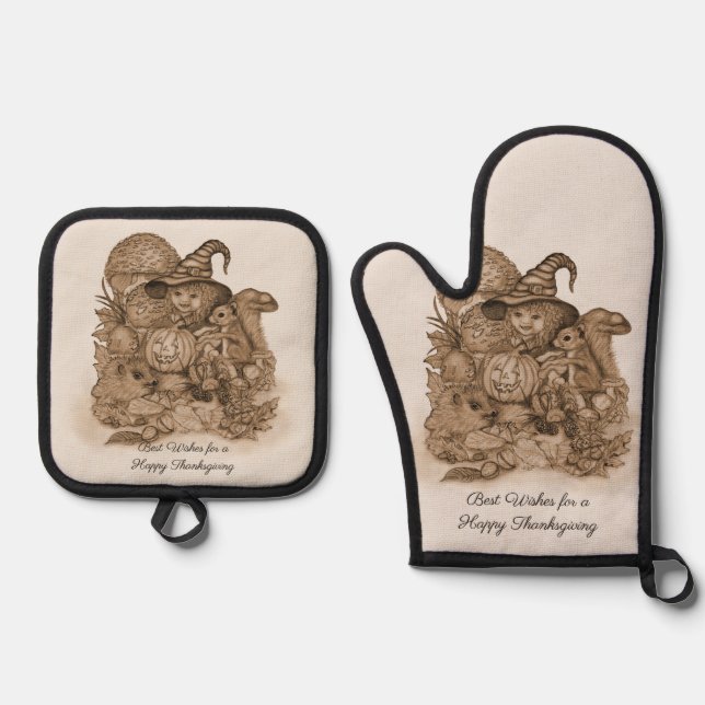Best Wishes for a Happy Thanksgiving Oven Mitt & Pot Holder Set (Front)
