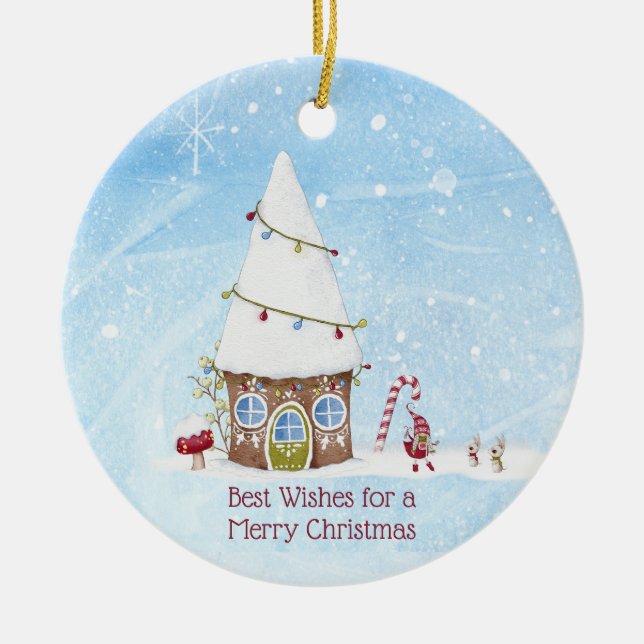 Best Wishes Gnome Scene Personalized Christmas Ceramic Tree Decoration (Front)