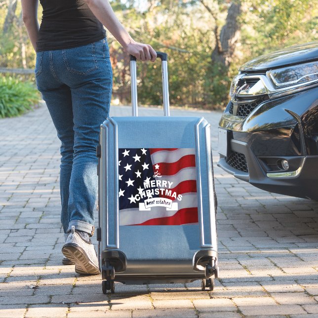 Best Wishes Merry Christmas United States Flag Art (Suitcase Insitu)