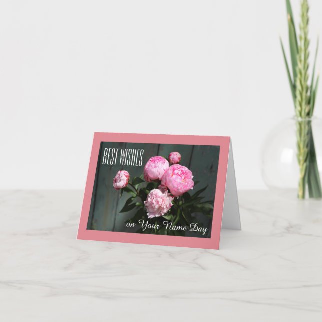 Best wishes, name day card pink peonies on blue (Front)