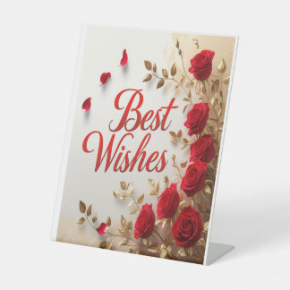 "Best Wishes" With Red Roses & Gold Leaves Pedestal Sign