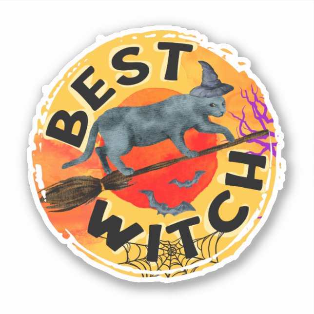 Best Witch – Halloween Black Cat on Broom (Front)