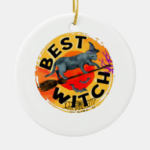 Best Witch – Halloween Black Cat on Broom Ceramic Tree Decoration