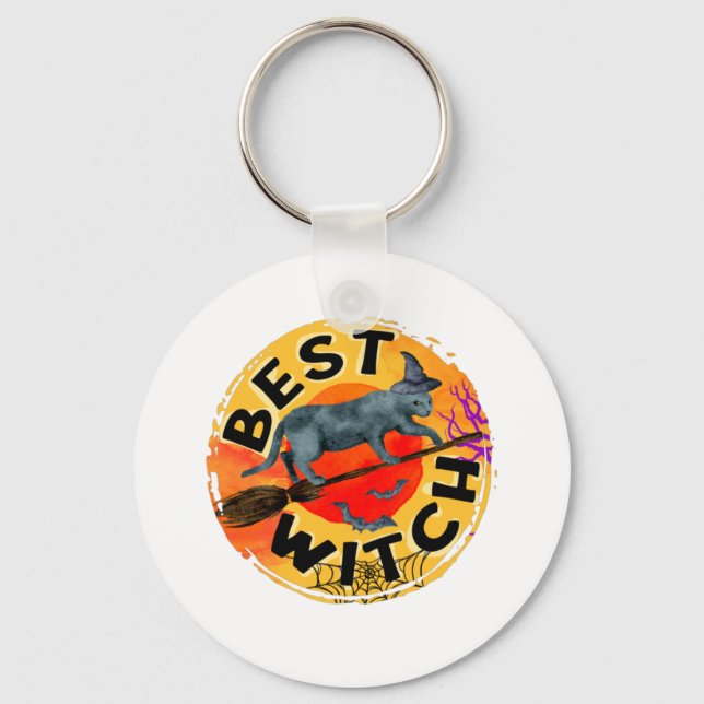 Best Witch – Halloween Black Cat on Broom Key Ring (Front)