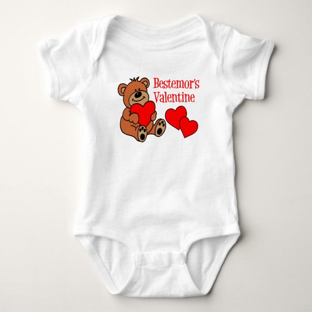 Bestemor's Valentine Cartoon Bear And Hearts Baby Bodysuit (Front)