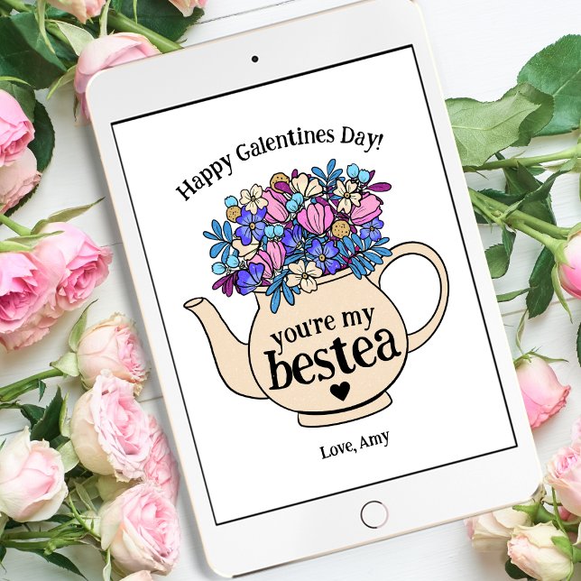 Bestie Floral Teapot Galentine's Day Valentine Holiday Card (Creator Uploaded)