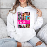 Bestie Pink & White 9 Photo Collage Hoodie<br><div class="desc">Highlight cherished memories with this vibrant 9-square photo template on a bright pink background, featuring bold "Bestie" text in a chic handwritten style. Celebrate your bond by customising it with names and unique photos, creating a thoughtful and personal keepsake. Perfect for best friends, birthdays, Galentine's Day, or any special occasion,...</div>