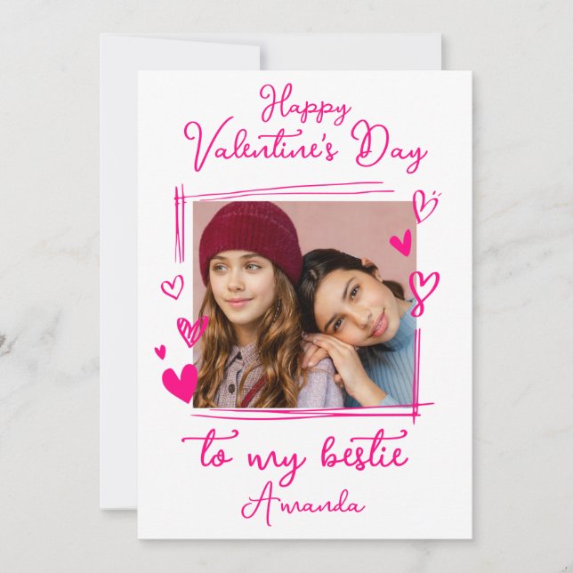Bestie Valentine's Day | Bright Pink One Photo  Holiday Card (Front)