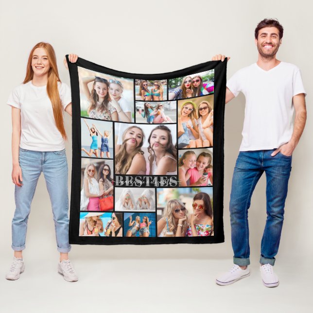 Besties 13 Photo Collage Best Friends Script Black Fleece Blanket (In Situ)