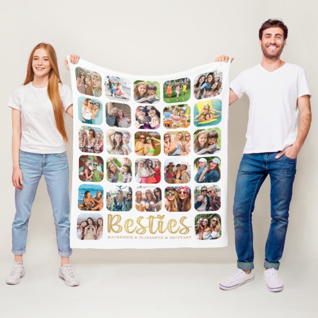 BESTIES 27 Photo Collage Personalised White Gold Fleece Blanket (In Situ)