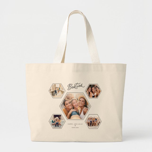 Besties 5 Photo Custom Collage Script Best Friends Large Tote Bag (Front)