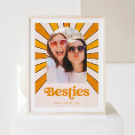 Besties | Boho Retro Sun and Photo Best Friends Poster<br><div class="desc">This trendy and boho poster features orange retro text that says "besties" and a vintage style graphic of the rays of the sun behind your photo,  in shades of orange and yellow on a soft blush background.</div>