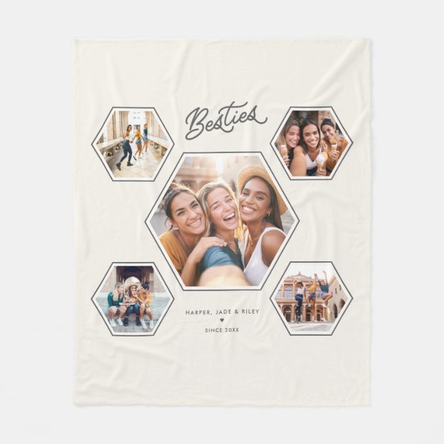 Besties Custom 5 Photo Collage Friendship Keepsake Fleece Blanket (Front)