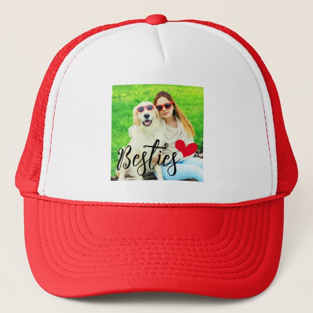 Besties Cute Dog Mum Red Heart Photo Trucker Hat (Front)