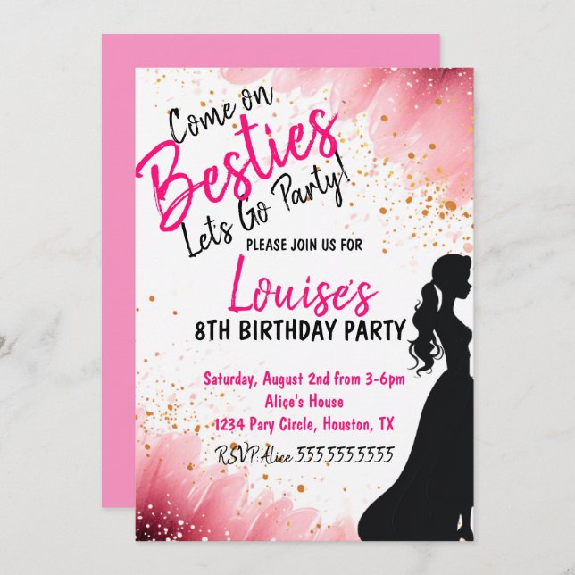 Besties Doll Pink Glitter Party Birthday Invitation (Front/Back)