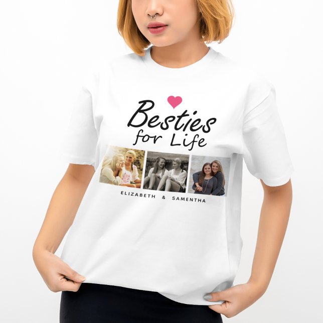 Besties for Life Quote Hot Pink Heart Photo & Name T-Shirt (Creator Uploaded)