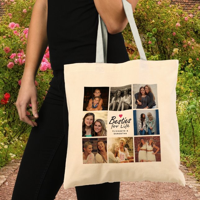 Besties For Life Script Best Friends Photo Collage Tote Bag (Creator Uploaded)