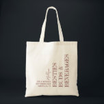 Besties Girls Trip Personalised Brown Tote Bag<br><div class="desc">Brown Mahogany Tan "Besties Buds & Beverages" personalised tote bag with name, date, weekend trip destination, and fun editable text quote custom-printed sideways vertically and in different directions in a boho trendy typography style. Perfect as a keepsake momento or practical favour for a girls weekend getaway, friends birthday destination trip,...</div>