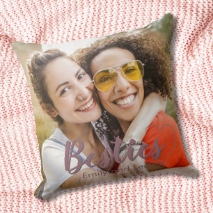 Besties Heart Photo with Names Pink Script Cushion