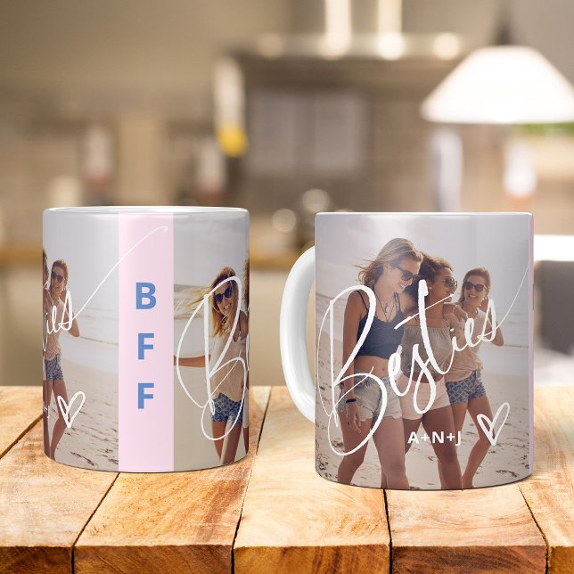 Besties in Trendy Script | Two Photos with Heart Coffee Mug (A stylish and trendy mug with photos for your bestie)