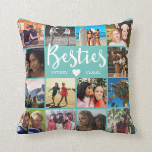 Besties Multi Photo Collage Friendship Teal Cushion