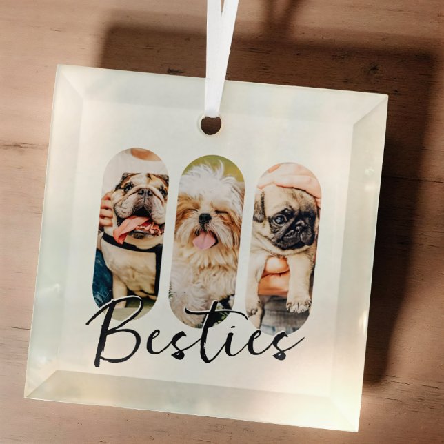 Besties Pet Simple Modern Playful Three Photo Glass Tree Decoration (Creator Uploaded)