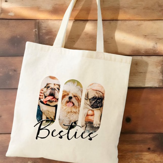 Besties Pet Simple Modern Playful Three Photo Tote Bag (Creator Uploaded)
