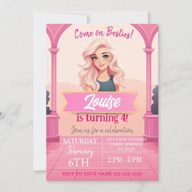Besties Pink Doll Birthday Invitation (Front)