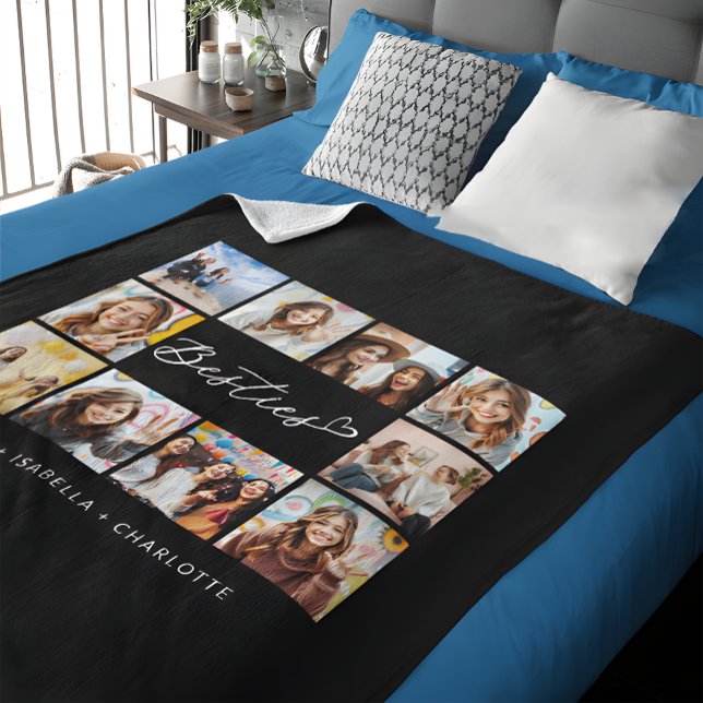 Besties Ten Photo collage Modern BBF Sleek Black  Fleece Blanket (Creator Uploaded)