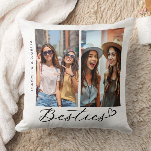 Besties Two Photos Calligraphy Script Heart BFF Cushion