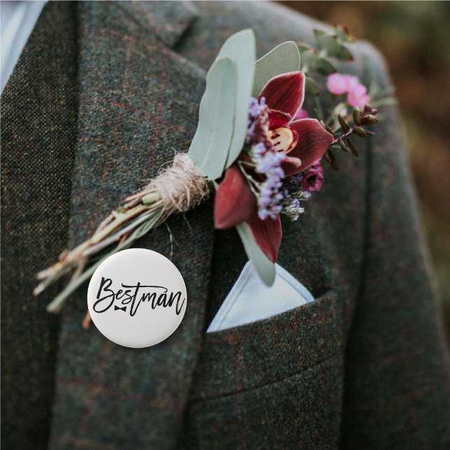 Bestman Black Brush Script Bow Tie Wedding Party 6 Cm Round Badge ('Bestman' Bow Tie Black Brush Script Calligraphy Wedding Rehearsal Pin Button @ fatfatin_blue_knot)