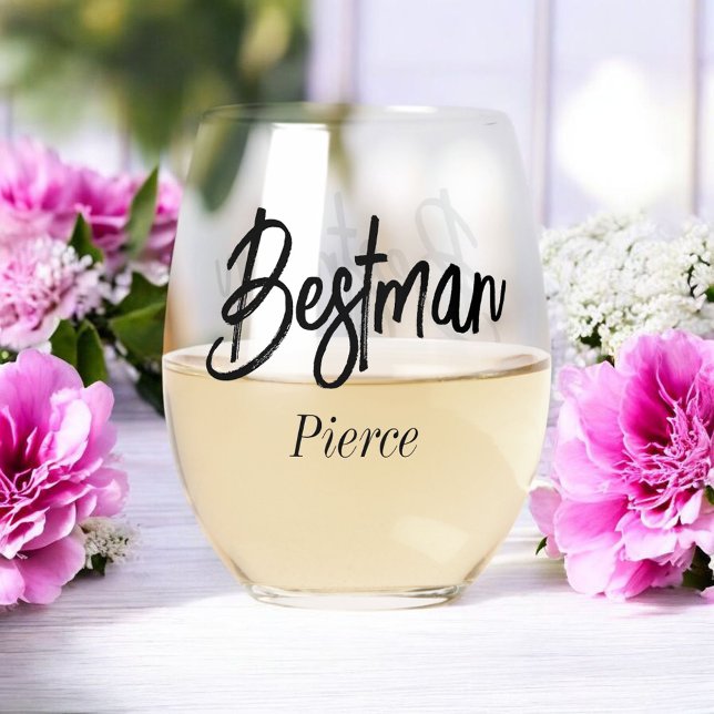 Bestman Black White Wedding  Stemless Wine Glass (Creator Uploaded)