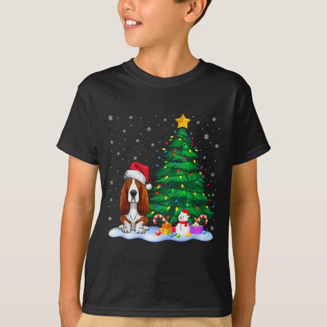 Bet Hound Dog Xmas Tree Lights Reindeer Hat Christ T-Shirt (Front)
