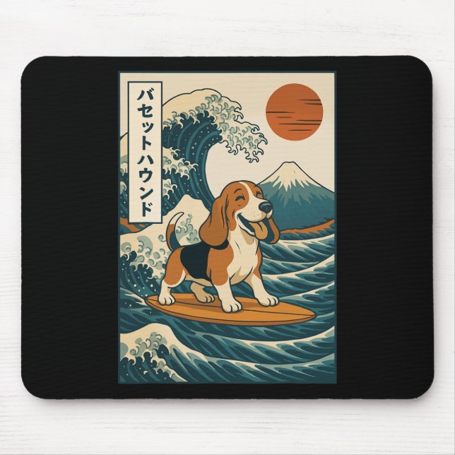 Bet Hound Surfing Japanese Wave  Mouse Pad (Front)
