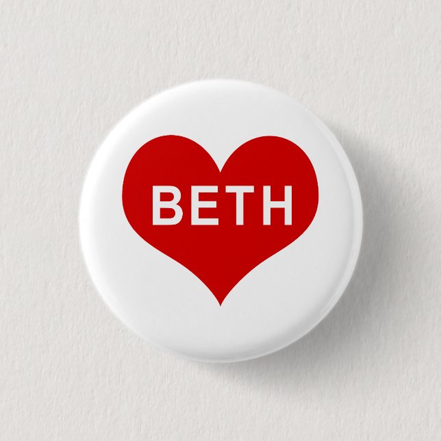 BETH NAME Red Love Heart Button (Front)