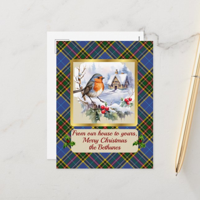 Bethune Crest & Tartan w/Robin Personalised  Holiday Postcard (Front/Back In Situ)