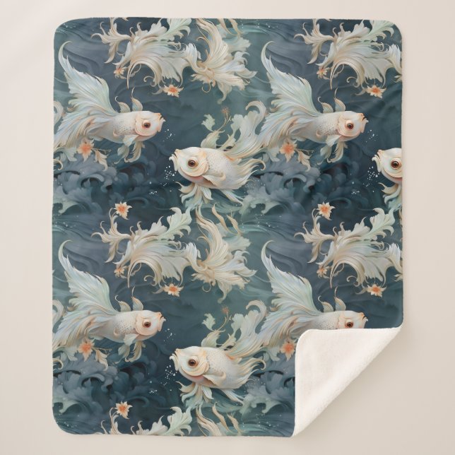 Betta Fish Blue White Sherpa Blanket (Front)