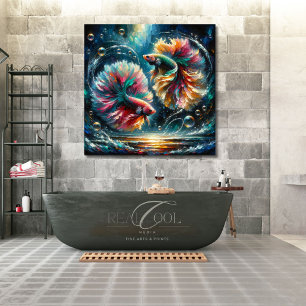Betta Fish Dance in Deep Blue Ocean Bubbles Poster