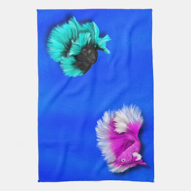 Betta Fish Duo, black & teal, white & pink Tea Towel (Vertical)