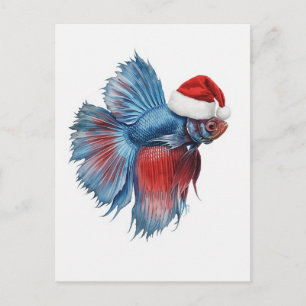 Betta Fish in Santa Hat Watercolor Xmas Holiday Postcard
