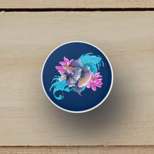 Betta Siamese Fighting Fish Lotus Waves Blue Ceramic Knob (Creator Uploaded)