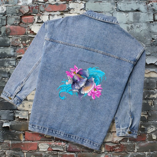 Betta Siamese Fighting Fish Lotus Waves Blue Denim Jacket (Creator Uploaded)
