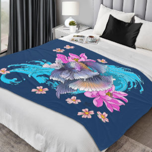 Betta Siamese Fighting Fish Lotus Waves Blue Fleece Blanket