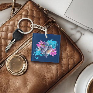 Betta Siamese Fighting Fish Lotus Waves Blue Key Ring
