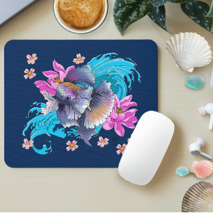 Betta Siamese Fighting Fish Lotus Waves Blue Mouse Pad
