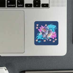 Betta Siamese Fighting Fish Lotus Waves Blue Square Sticker