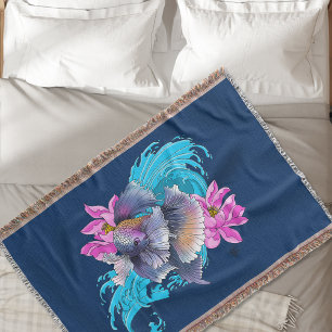 Betta Siamese Fighting Fish Lotus Waves Blue Throw Blanket