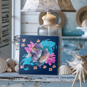 Betta Siamese Fighting Fish Lotus Waves Blue Tile